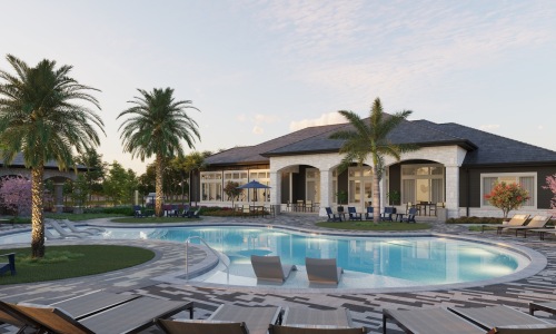 Prose Cielo Exterior pool view with palm trees and clubhouse in the background